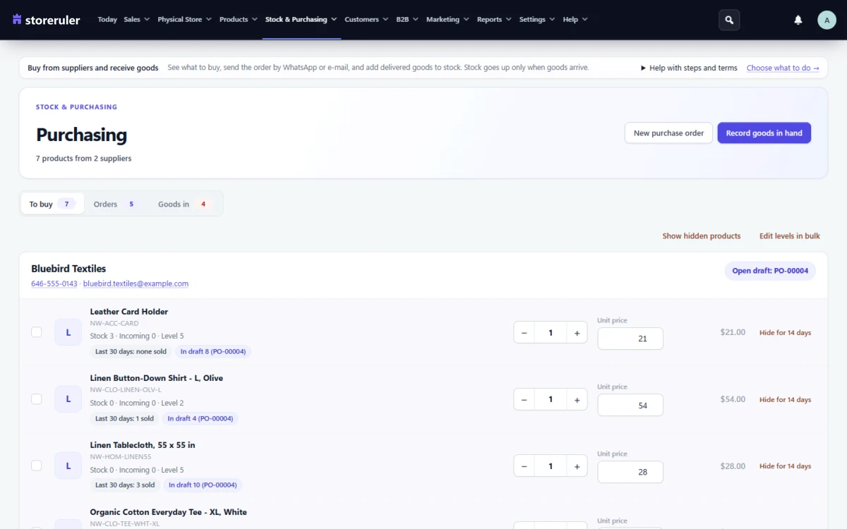Actual StoreRuler demo screen · purchasing