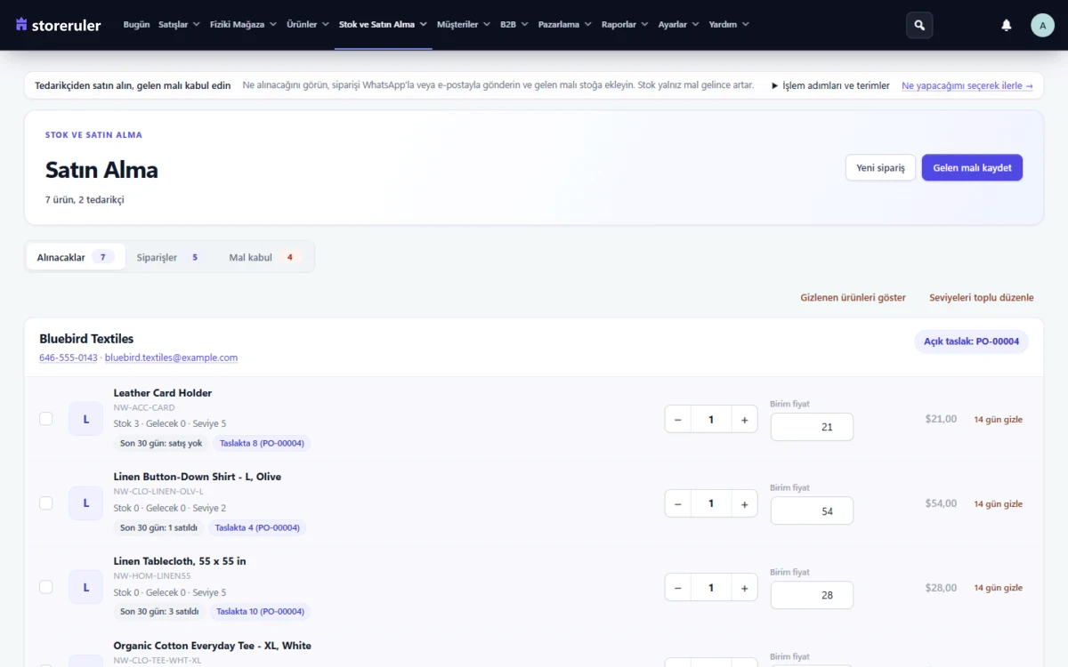 StoreRuler gerçek demo ekranı · purchasing