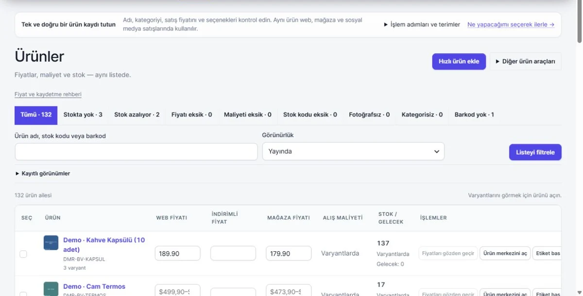 Product list, stock and pricing
